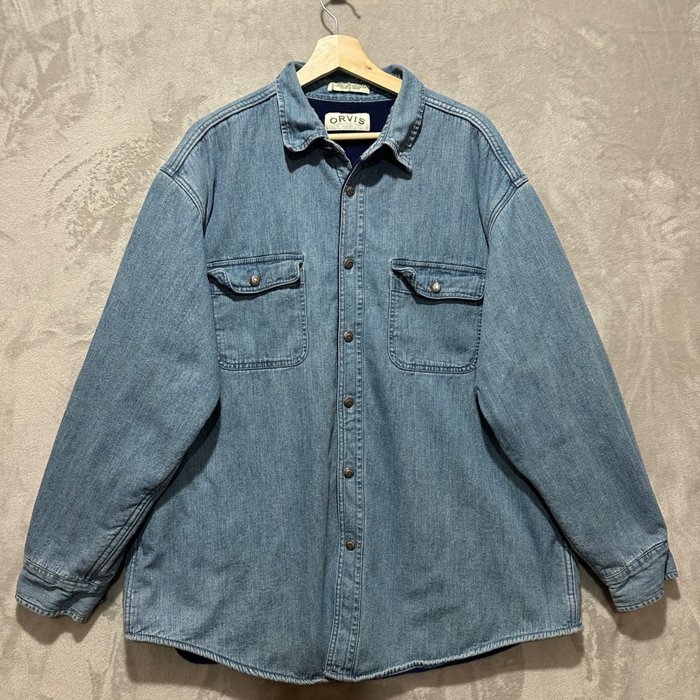 Orvis Mens L Fleece Lined Denim Shirt Jacket Blue Cotton Long Sleeve Button Up